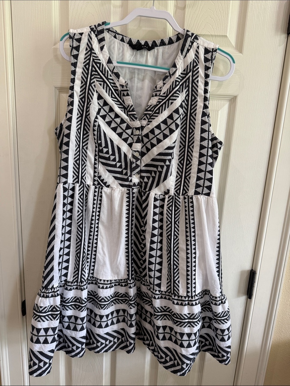 Tribal Black & White Geometric Sleeveless Mini Dress